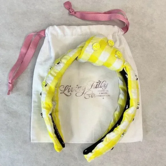 Living Fully Headband Yellow Gingham Knotted Allover Smiley Face w/ Dust Bag OS - Picture 1 of 11